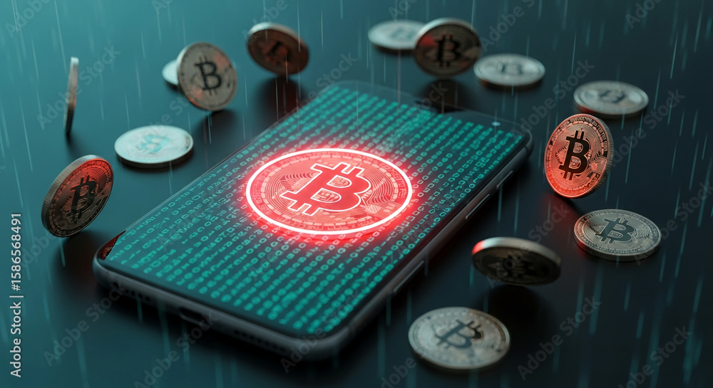 Poster smartphone displaying bitcoin symbol surrounded by falling bitcoin coins, representing digital curre