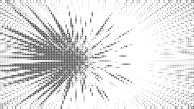 Abstract radial burst of black triangles on a white background with fading patterns