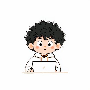 Young boy with curly hair working on a laptop, a cute cartoon illustration for education and technology concept footage.