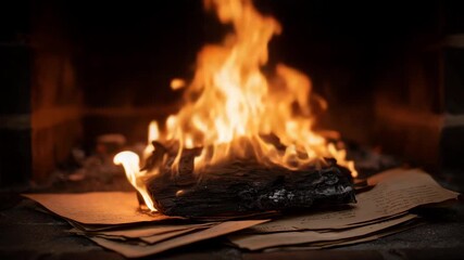 Burning old letters in a fireplace for a symbolic farewell ritual