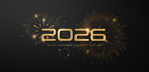 Golden fireworks burst 2026 numbers on dark background. Happy New Year celebration night. Vector festive design for banners, posters, and invitations.