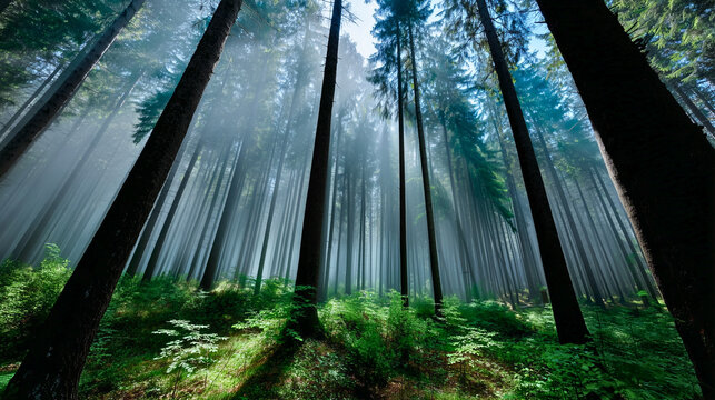 Misty forest with sun rays