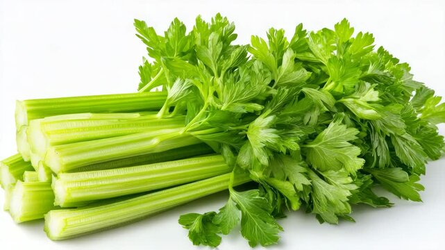 Fresh green celery stalks with leafy tops arranged on a white background