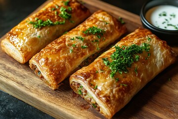 Close-up of flaky, golden-brown pastries filled with savory ingredients arranged on a wooden cutting board