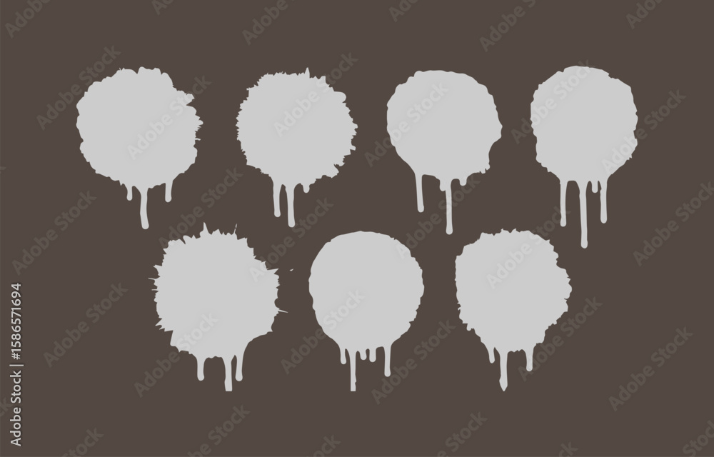 Poster seven abstract splatters with dripping paint effect on dark background