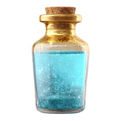 Enchanting potion bottle with shimmering blue liquid against a dark background