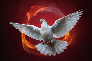 A digital artwork of a white dove with spread wings against a deep red background. The dove is centered in the frame and is rendered in crisp detail with pure white feathers. 