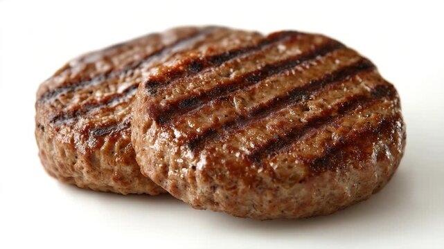 Two juicy grilled beef burger patties with dark sear marks on a white background
