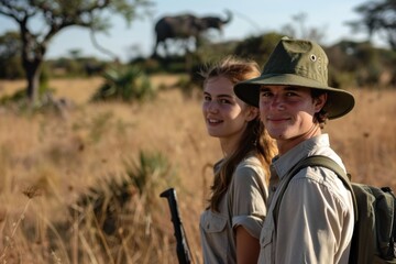 Fototapeta premium Two young wildlife experts exploring the african savanna, observing elephants in their natural habitat