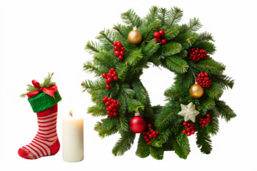 Photo of a festive christmas wreath with red berries and gold ornaments, alongside a red and green stocking and a lit candle, isolated on a transparent background