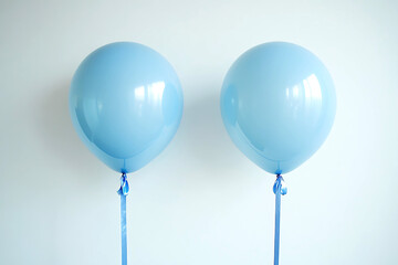 Two large, glossy light blue balloons with matching ribbons suspended against a plain white background