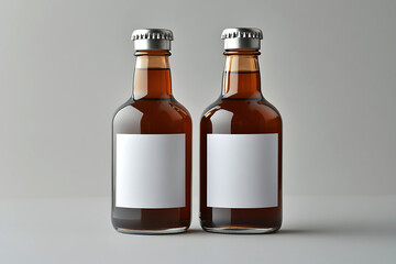 Two identical empty brown glass bottles with blank labels, shown against a neutral gray background for mockup design