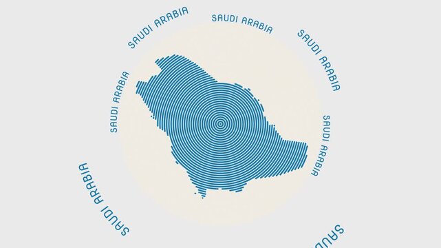 Saudi Arabia shape with dynamic circles visual effect. Animation of Saudi Arabia logo appearing from rotating rings and Country name around the shape. Intro, opening, closing, logo video.