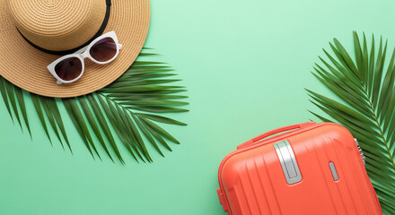 Straw hat, sunglasses, palm leaves, orange suitcase on green background, showcasing summer vacation concept, travel planning, free space for text