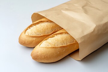 Two artisanal baguettes, golden brown and crusty, nestled in a crumpled brown paper bag
