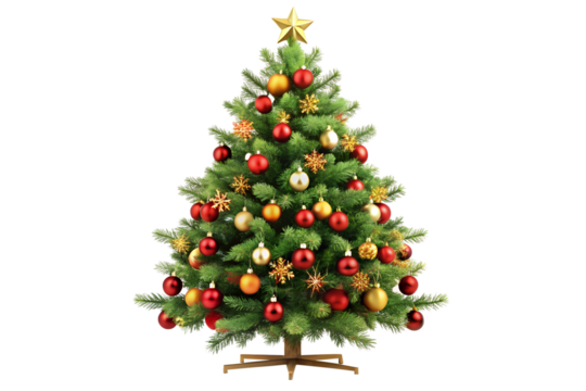 Photo of a beautifully decorated christmas tree with red and gold ornaments and a golden star on top, isolated on a transparent background