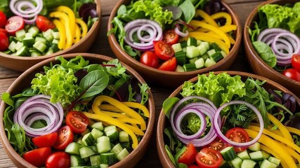 Multiple Fresh Vegetable Salads in Wooden Bowls on a Rustic Table Closeup