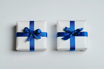 Two elegantly wrapped gift boxes with crisp white textured paper and navy blue ribbon, adorned with a delicate sheer bow