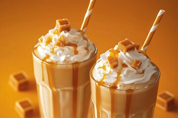 Two glasses of caramel latte smoothies beautifully displayed against an orange background