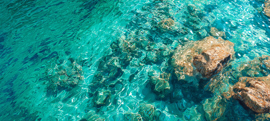 Clear turquoise water with sunlight reflections over colorful stones.