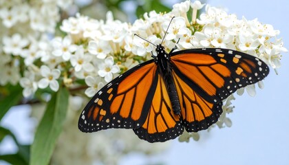 Naklejka premium Monarch butterfly on white flowers