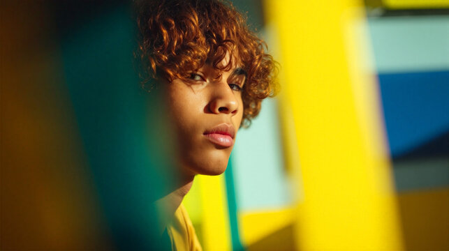 Biracial student in back to school library light with cheerful expression - Powered by Adobe