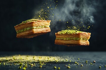 Two exquisite pistachio-covered cream puffs filled with creamy custard, floating in mid-air against a dark backdrop