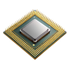 Detailed computer microprocessor chip with gold pins isolated on transparent background