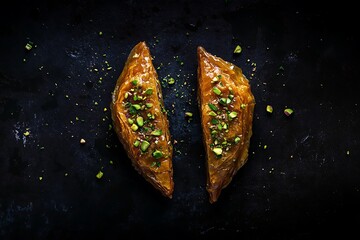 Close-up of two pieces of golden-brown baklava, layered pastry topped with pistachios