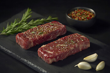 Two raw, seasoned beef steaks, likely ribeye or filet mignon, presented on a dark slate board, ready for grilling