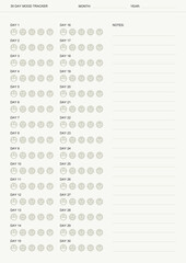 Thirty day mood tracker chart with smiley faces and notes section