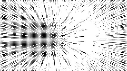 Abstract digital pattern of black and gray squares radiating outwards on a white background