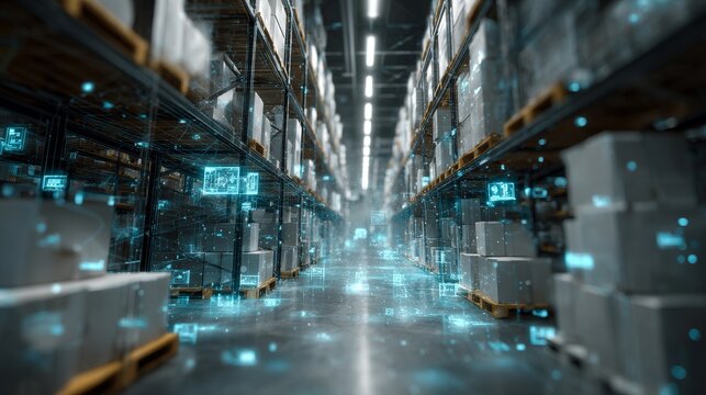 Futuristic warehouse automation with glowing digital information overlays for inventory management and optimized logistics for future technology.