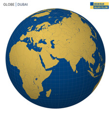 Vector Globe centered to Dubai. Ocean Blue Golden Yellow palette. World map with meridians, parallels, countries, rivers and lakes. Vibrant vector illustration.
