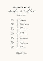 Amelia and william s wedding timeline with elegant icons and script font