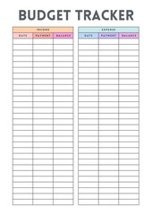 Simple income and expense budget tracker template with date payment and balance columns