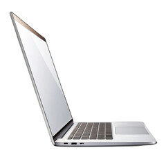 Modern silver laptop open showing keyboard and screen isolated on transparent background