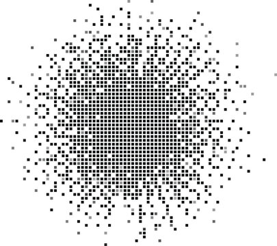 Abstract pixelated explosion effect with scattered black and gray squares on a white background