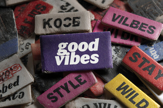 retro sticker collection, colorful retro stickers with uplifting phrases like good vibes, be kind, stay wild arranged in a collage - Powered by Adobe