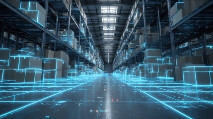 Futuristic warehouse with boxes illuminated by blue holographic lines showcasing efficient supply chain and logistics operations in distribution center.