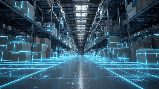 Futuristic warehouse with boxes illuminated by blue holographic lines showcasing efficient supply chain and logistics operations in distribution center.