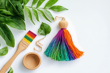 Flat lay featuring a vibrant rainbow tassel, a natural wooden utensil, and fresh green leaves on a white background