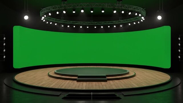 Virtual studio set with green screen background and wooden stage for show presentations