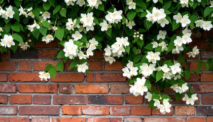 Blooming jasmine on brick wall