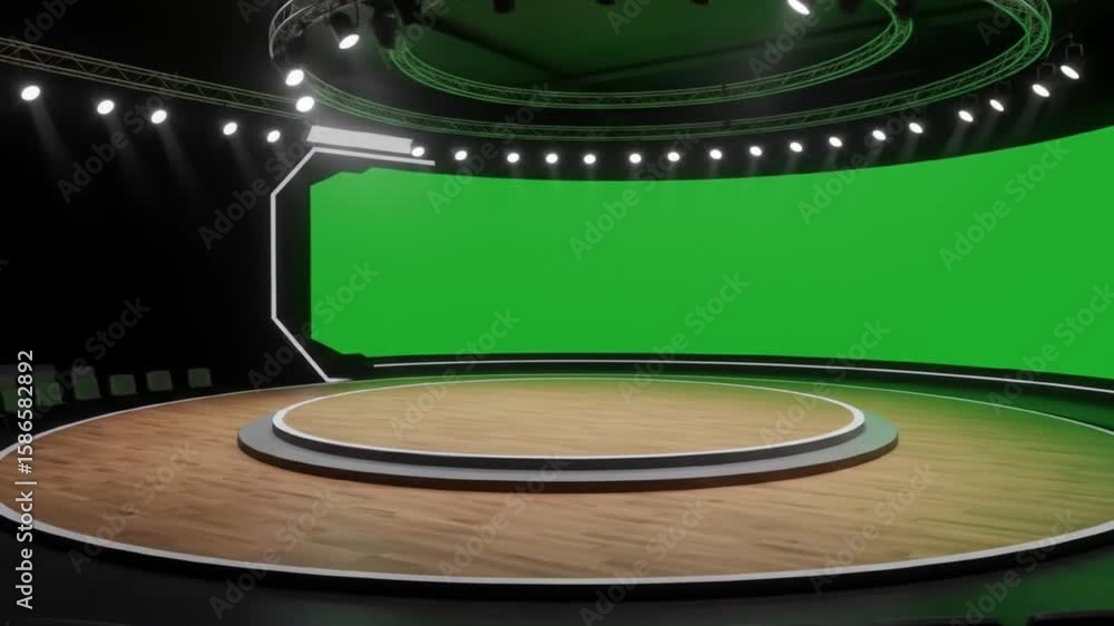 Poster modern stage set with a green screen background for virtual production and event presentation