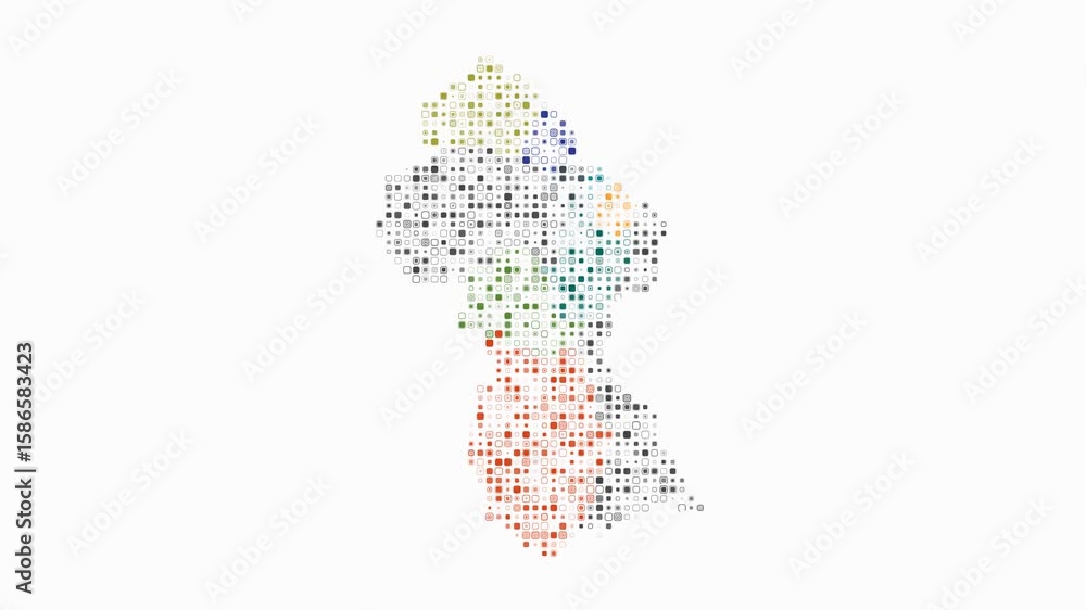 Poster guyana dotted animation. shape of the country build of pulsating colored dots. small size rounded sq