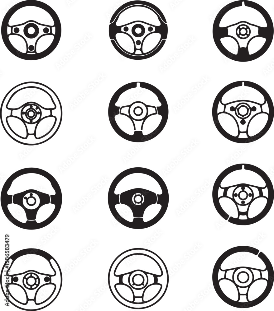 Poster diverse collection of steering wheel icons a visual compilation of automotive control and design ele