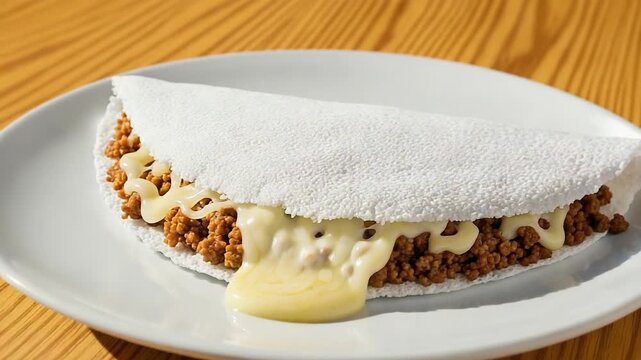 Savory Brazilian Tapioca Crepe with Meat and Melting Cheese on a White Plate Closeup