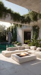 Fototapeta premium Outdoor living area with fire pit and pool