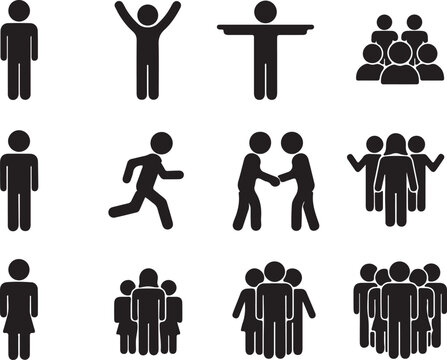 Diverse Stick Figure Pictograms Representing Individuals Groups and Interactions Conveying a Sense of Community Togetherness and Varied Human Activities